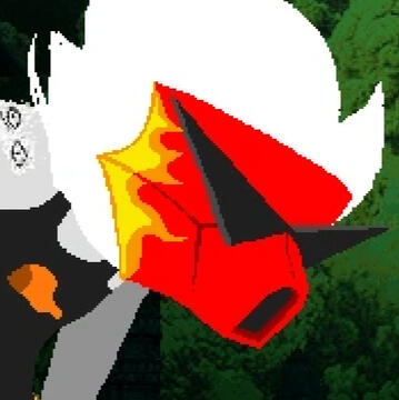 A headshot of Dirk Strider on his game planet. He has spiky hair, and a red gas mask with flames with his black triangle sunglasses over it.