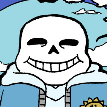 A headshot of Sans from Undertale, a skeleton with blacked out eyes, a triangle nose, chubby head, and is grinning wide. He has a blue and gray jacket on.