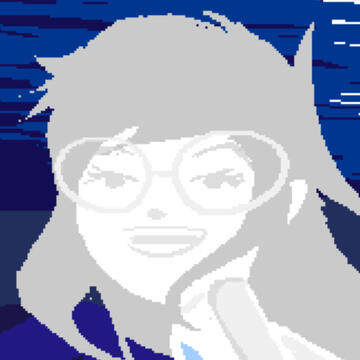 A headshot of Jade Harley from Homestuck. She has a monotone color pallete, her skin being white and hair being a gray. She's looking to the left, smiling. She has big, light gray glasses on.